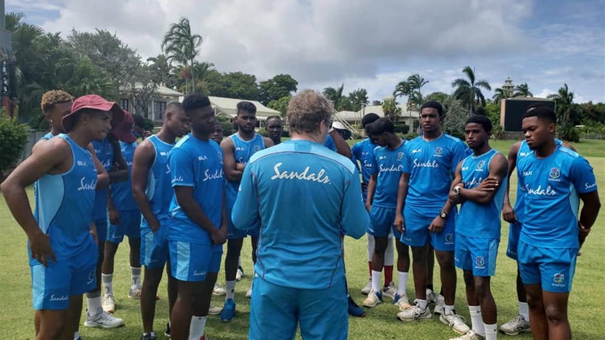 Cricket West Indies players gathered for a coaching session